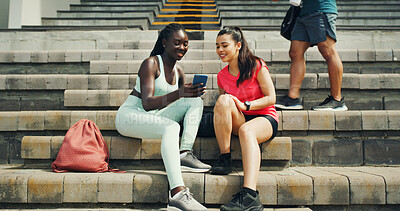 Buy stock photo Runner, phone and search with friends in stadium for training schedule, team and sports stats. Fitness app, competition, lap times and exercise guide with women on race track for tracking progress