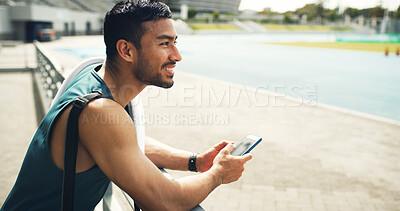 Buy stock photo Happy, athlete and man with smartphone, stadium and sportswear for fitness, think and workout break. Outdoor, runner and planning for marathon, wellness and person with mobile, wonder or reflection