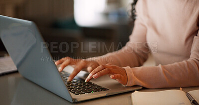 Buy stock photo Hands, laptop and typing with remote work from home office, review and editing draft for project. Person, computer and copywriting with feedback, report or creative process for freelance job at house