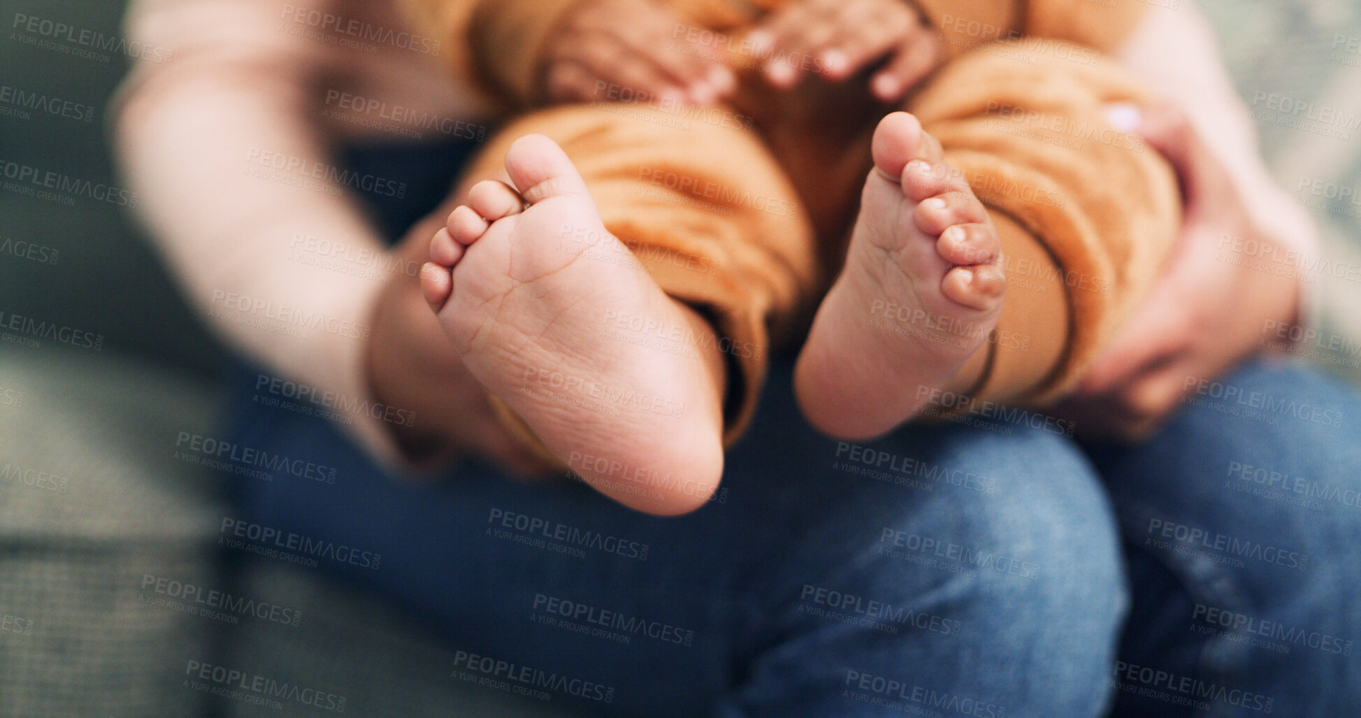 Buy stock photo Feet, woman and baby in home with care, motherhood and growth for healthy relationship. Closeup, family and support, with love, security and emotional connection for early child development.