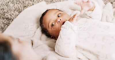 Buy stock photo Baby, mother and laying on floor in home, nursery and bonding with love, care and wake up in morning. Infant child, rest and relax on carpet, comfort and connection in bedroom at family house