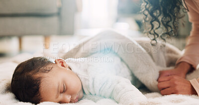 Buy stock photo Sleeping, bed and mom with baby in home for resting, comfortable and nap for development. Family, parent and mother with child for love, relationship and bonding for support, care and security