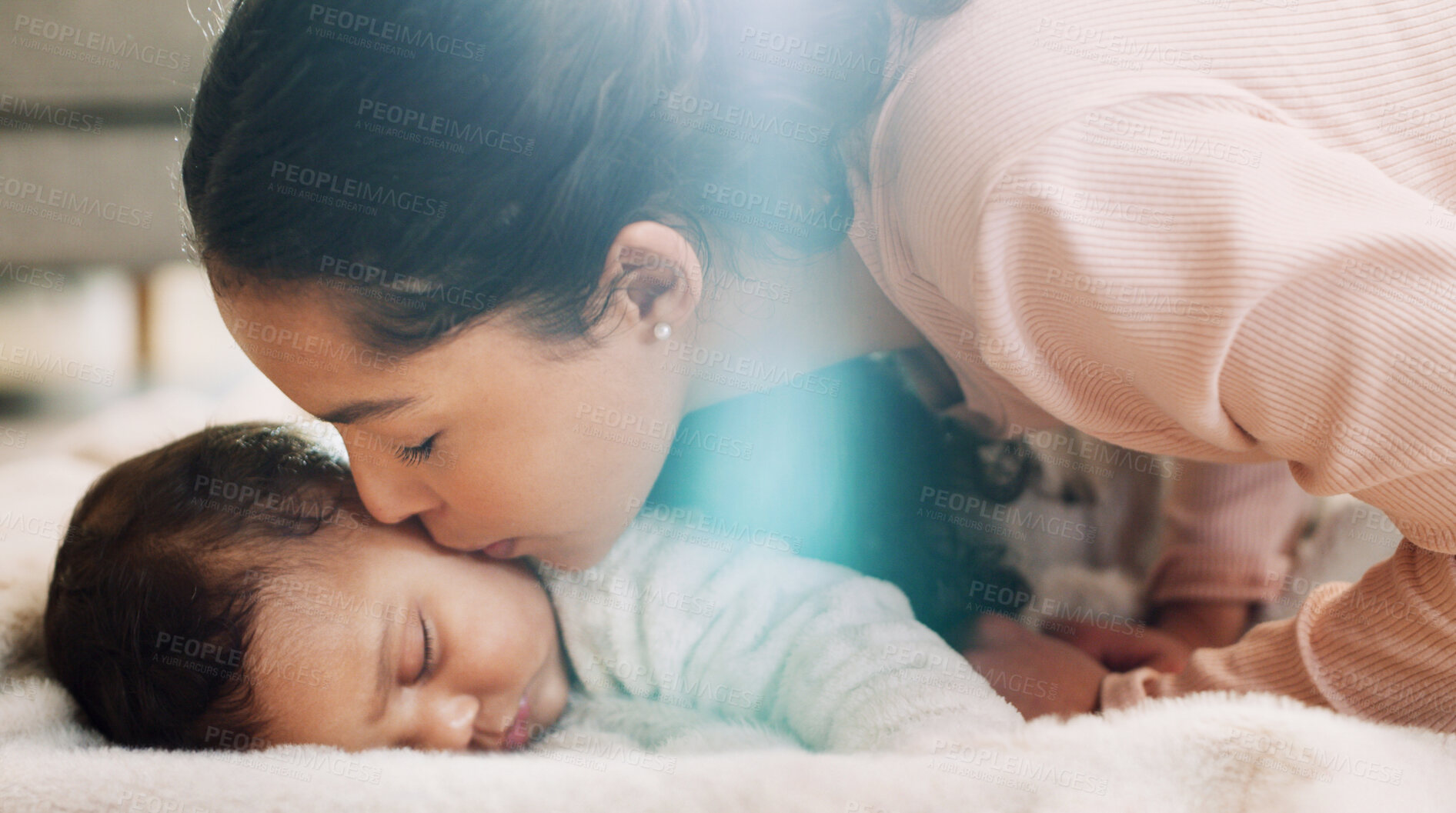 Buy stock photo Sleeping, kiss and mom with baby in home on blanket for rest, dreaming and relax for bonding. Family, house and mother with child with affection, love and care for  relationship, support and comfort