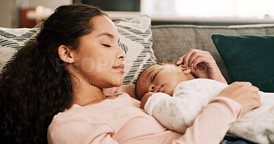 Buy stock photo Sleeping, sofa and mom with baby in home for rest, dreaming and nap together for bonding. Family, house and mother with child with affection, love and care for  relationship, support and comfort