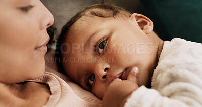 Buy stock photo Relax, happy and mom with baby on sofa for rest, comfortable and together for bonding. Family, living room and mother with child with love, care and calm for relationship, support and connection