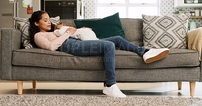 Buy stock photo Sleeping, sofa and mother with baby in home for rest, afternoon nap and relax for bonding. Family, living room and mom with child with affection, love and care for relationship, support and comfort