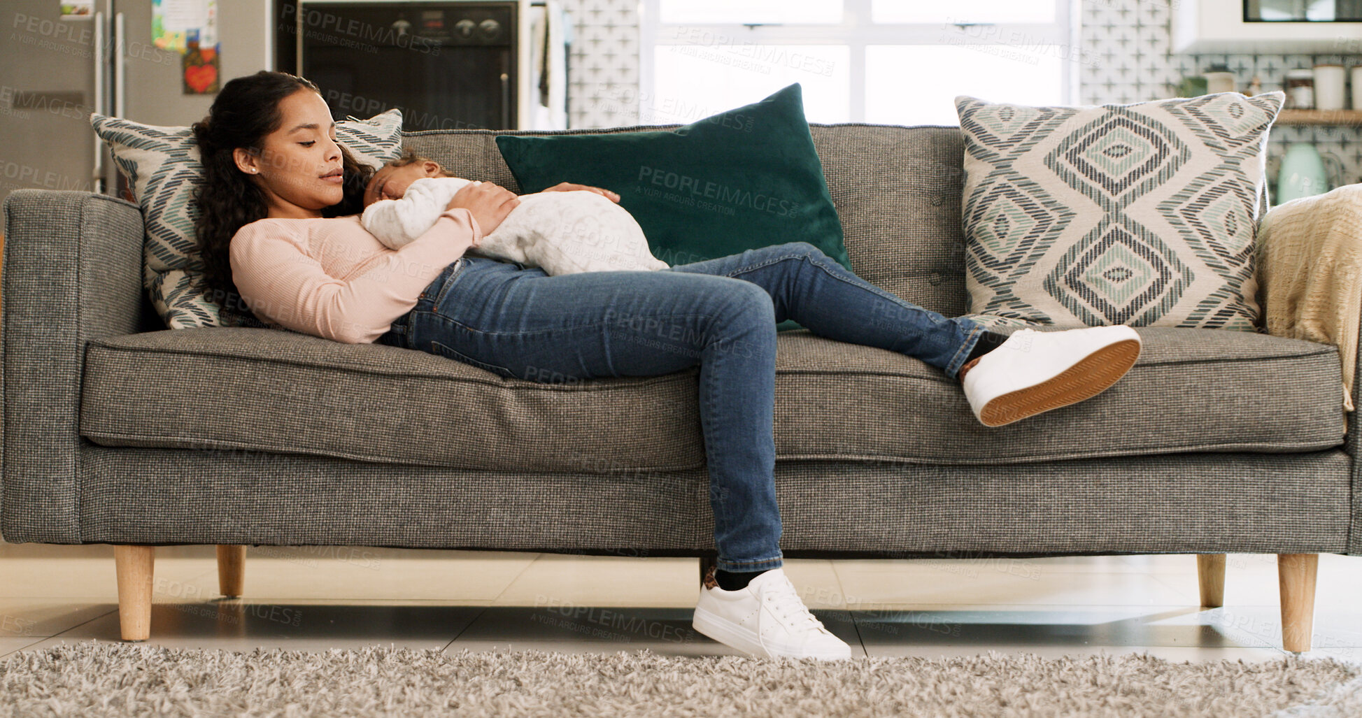 Buy stock photo Sleeping, sofa and mother with baby in home for rest, afternoon nap and relax for bonding. Family, living room and mom with child with affection, love and care for relationship, support and comfort