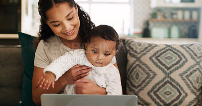 Buy stock photo Smile, woman and baby with laptop at house for research, finance report and productivity. Mother, child and multitasking with pc for loan application, financial planning and review budget for payment