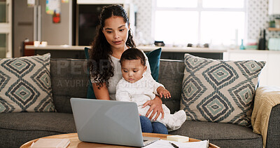 Buy stock photo Sleeping, sofa and mother with baby in home for rest, afternoon nap and relax for bonding. Family, living room and mom with child with affection, love and care for relationship, support and comfort