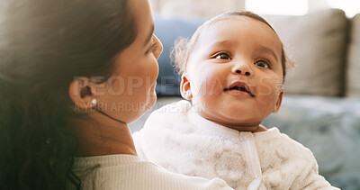 Buy stock photo Home, happy and mom with baby on sofa for bonding, loving relationship and child development. Family, living room and face of infant with mother for support, connection and relax together for care