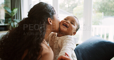 Buy stock photo Kiss, playing and mom with baby on sofa for bonding, loving relationship and child development. Family, living room and happy infant with mother for support, affection and relax together for care