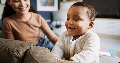 Buy stock photo Home, mom and smile with baby, love or growth of child, development or bonding in apartment or care. Mother, woman and family in living room, together and single parent with son, happy and house