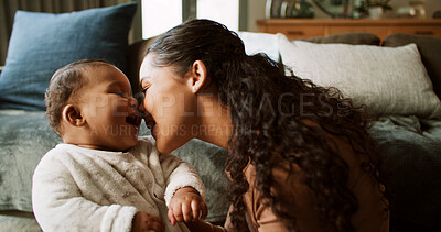 Buy stock photo Laugh, playing and mom with baby in home for bonding, child development and relationship. Family, parenting and mother with infant for happiness, relax and care for love, support and affection