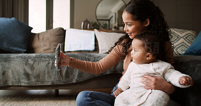Buy stock photo Smile, mother and selfie with baby at house for photography, social media post and bonding together. Happy, woman and infant for profile picture update, child development and family memory in lounge
