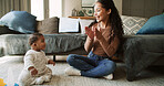 Mother, baby and clapping hands for play at house for sensory fun, motor growth and motivation. Woman, infant and support for music entertainment, stimulation games and bonding for child development