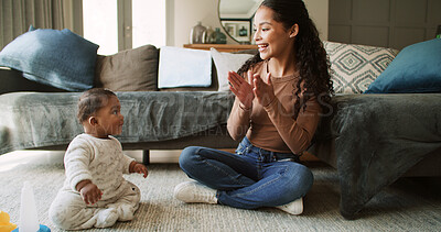 Buy stock photo Mother, baby and clapping hands for play at house for sensory fun, motor growth and motivation. Woman, infant and support for music entertainment, stimulation games and bonding for child development