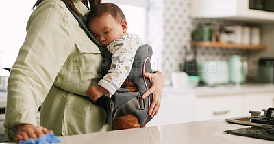 Buy stock photo Baby, cleaning and hand of mother in kitchen with cloth for chores, housework or wiping counter. Bacteria, dirt or disinfection with infant and parent in home together for hygiene or multitasking