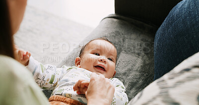 Buy stock photo Happy, playing and mom with baby on sofa for bonding, child development and relationship. Family, parenting and mother with infant for laughing, relax and care for love, connection and affection