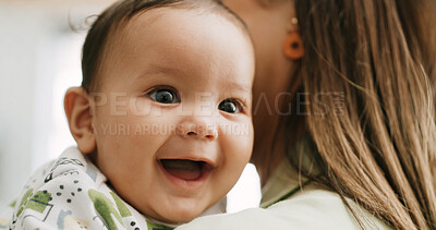 Buy stock photo Laughing, baby and bonding with mom, home or growth of child, development, love or care in apartment. Mother, woman and family in living room, together or single parent with daughter, happy and house