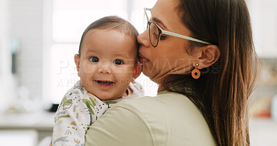 Buy stock photo Mom, kiss baby and portrait in home with care, smile and bonding with love, connection and embrace. People, mother and infant child with hug, comfort and happy with single parent at family house