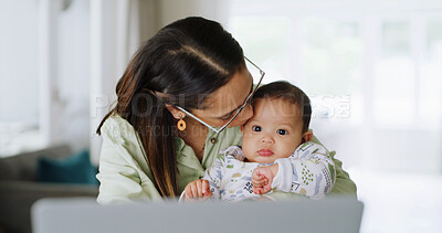 Buy stock photo Kissing, laptop or multitasking with baby and mother in home together for small business startup. Busy, computer or love with infant and single parent woman in apartment for remote work as freelancer
