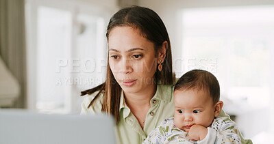 Buy stock photo Freelance, laptop or multitasking with baby and mother in home together for small business startup. Computer, reading or remote work with single parent woman and teething infant in apartment
