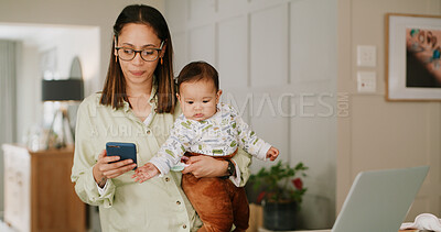Buy stock photo Phone, woman and baby in home for communication, networking or multitasking. Laptop, single mother and child for remote work, research and time management with freelancer mom in house for message