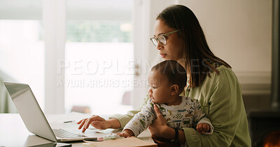 Buy stock photo Laptop, remote work and woman with baby in home for online article, research and copywriting. Family, multitasking and mom with child on computer for freelance career, editing project and planning