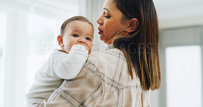 Buy stock photo Support, kiss and mother with baby in home for trust, parenting comfort and bonding together. Childcare, hug and motherhood with woman and kid in family house for connection, care and growth