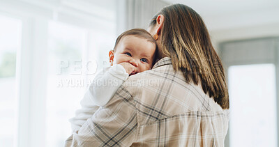 Buy stock photo Love, hug and mother with baby in home for trust, parenting comfort and bonding together. Childcare, support and motherhood with woman and kid in family house for connection, care and growth