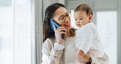 Buy stock photo Phone call, woman and baby in living room for communication, networking or multitasking. Smartphone, single mother and child for remote work, conversation and discussion with freelancer mom in home