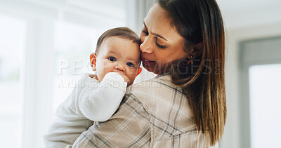 Buy stock photo Portrait, baby and bonding with mom, home or growth of child, development or affection in apartment. Family, mother and carrying daughter in house, woman and single parent with care for girl and love