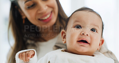 Buy stock photo Home, mom and smile with baby, care or growth of child, development or bonding in apartment or love. Mother, woman and family in living room, together and single parent with daughter, happy and house