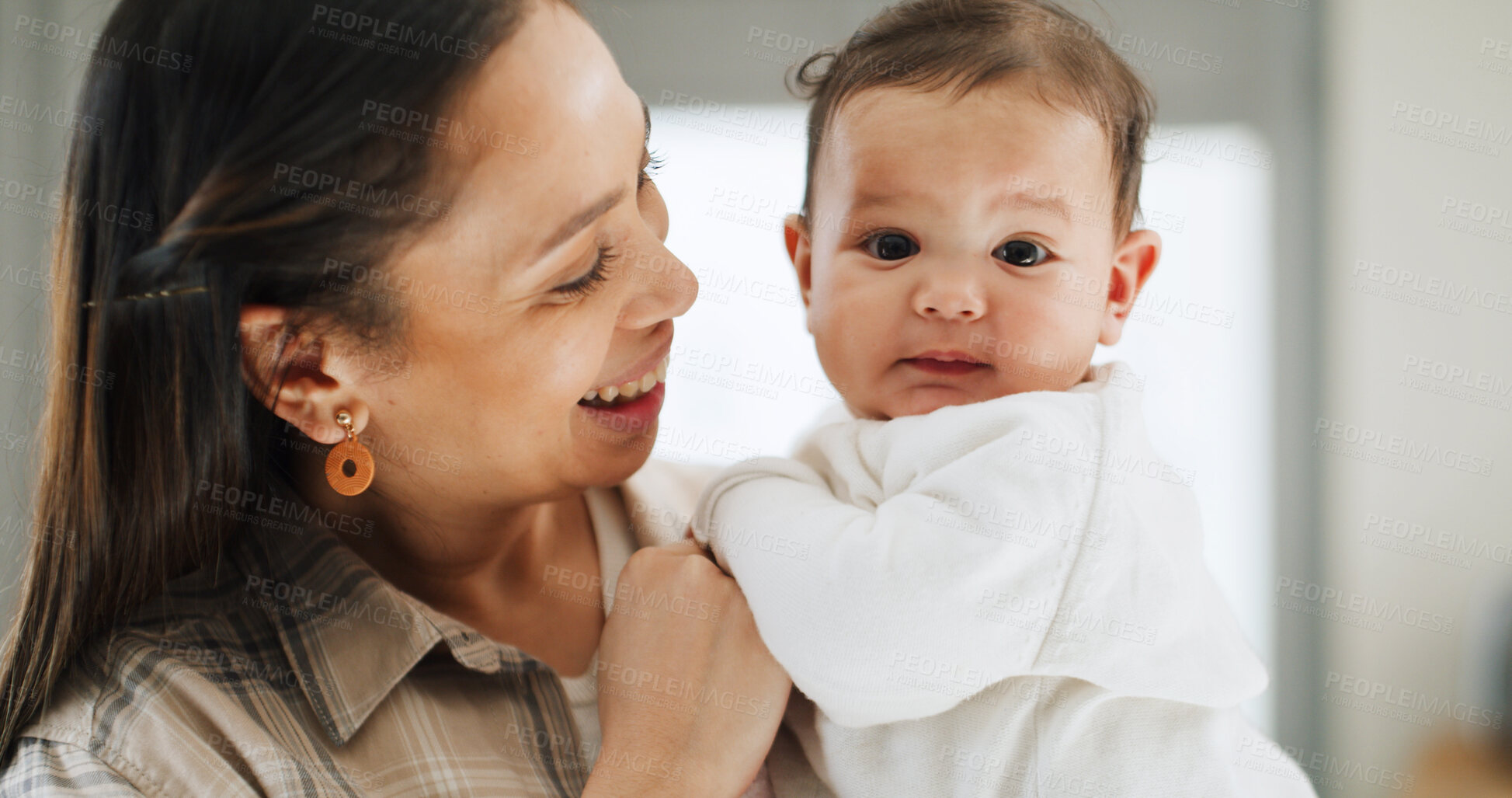 Buy stock photo Family, happy and mom with baby in home for bonding, loving relationship and child development. Motherhood, living room and portrait of infant with mother for support, affection and relax together