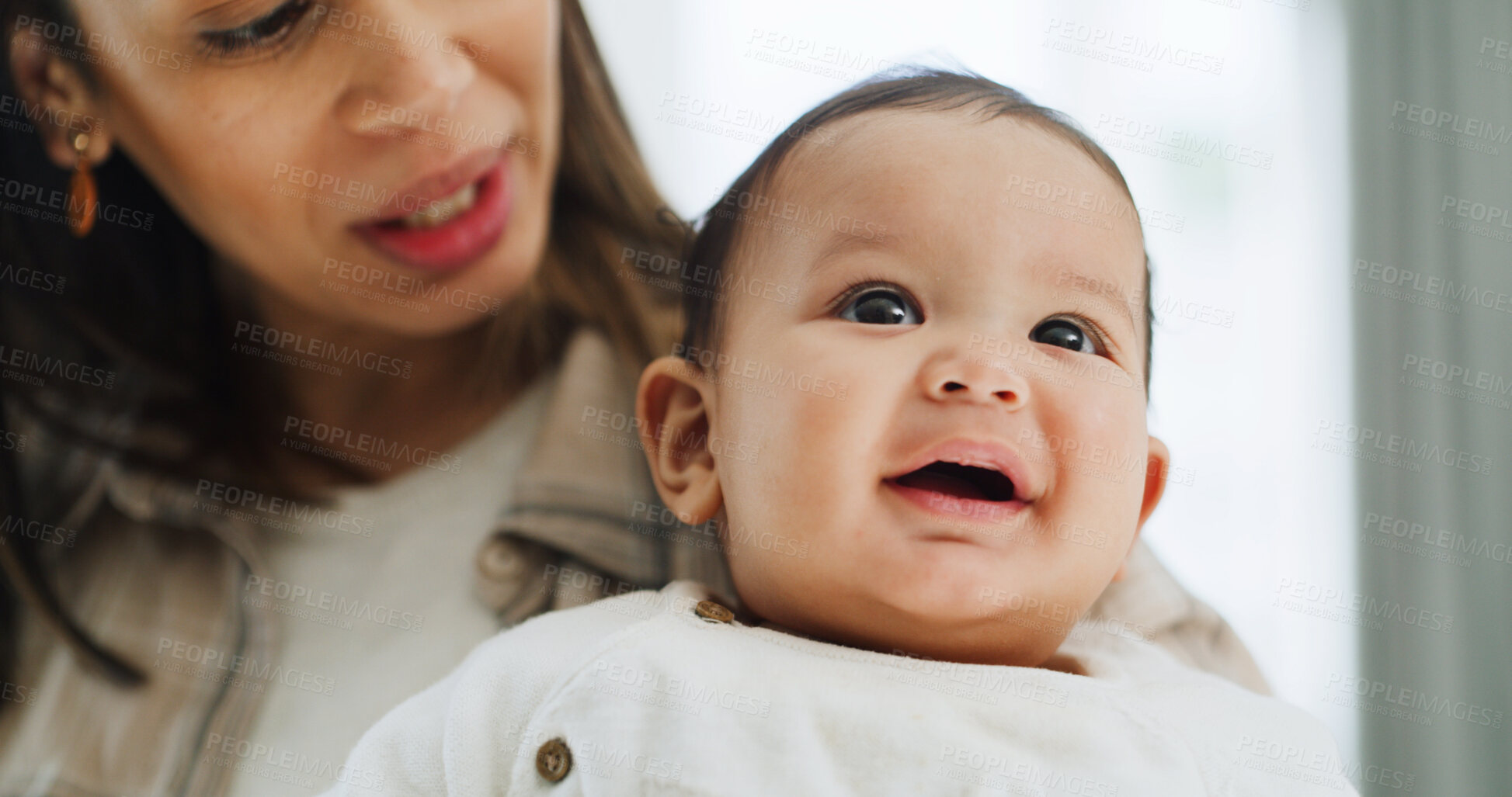 Buy stock photo Love, smile and mother with baby in home for trust, parenting comfort and bonding together. Childcare, support and motherhood with woman and kid in family house for connection, care and growth