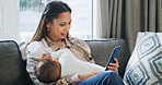 Phone, research and mother with baby on sofa in home with reading blog on maternity information. Happy, cellphone and mom with child for bonding, connection or relax in living room at apartment.