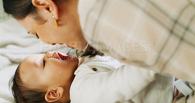 Buy stock photo Family, love and mother with baby for bonding, healthy relationship and childcare in home. Happy, childhood and mom with smile, playing and care to relax together for affection and support in house