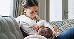 Family, love and mother with baby for nap, healthy relationship and childcare in home. Rest, childhood and mom in living room with parent, care and relax together for support in apartment lounge