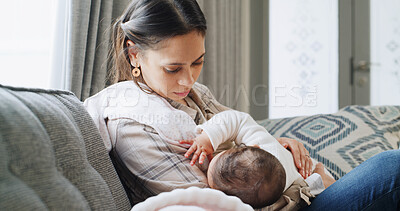 Buy stock photo Family, love and mother with baby for nap, healthy relationship and childcare in home. Rest, childhood and mom in living room with parent, care and relax together for support in apartment lounge