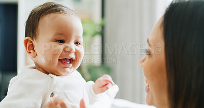 Buy stock photo Happy, laugh and mom with baby in home for bonding, child development and relationship. Family, parenting and mother with infant for playing, relax and smile for love, connection and affection