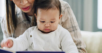 Buy stock photo Book, education or literature with baby and mother on sofa in living room of home for growth. Development, reading or story with infant and single parent woman in apartment for learning or teaching