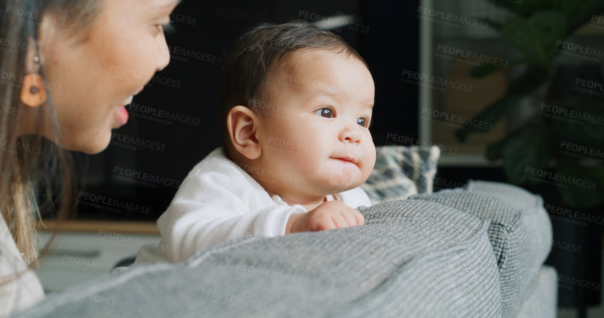 Buy stock photo Home, mom and bonding with baby, love or growth of child, development or smile in apartment or care. Mother, woman and family in living room, together and single parent with daughter, happy and house