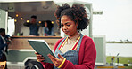 Tablet, food truck and waitress outdoor for online menu, customer order and product inventory. Restaurant startup, mobile cafe and woman on digital tech for bistro website, internet and price list