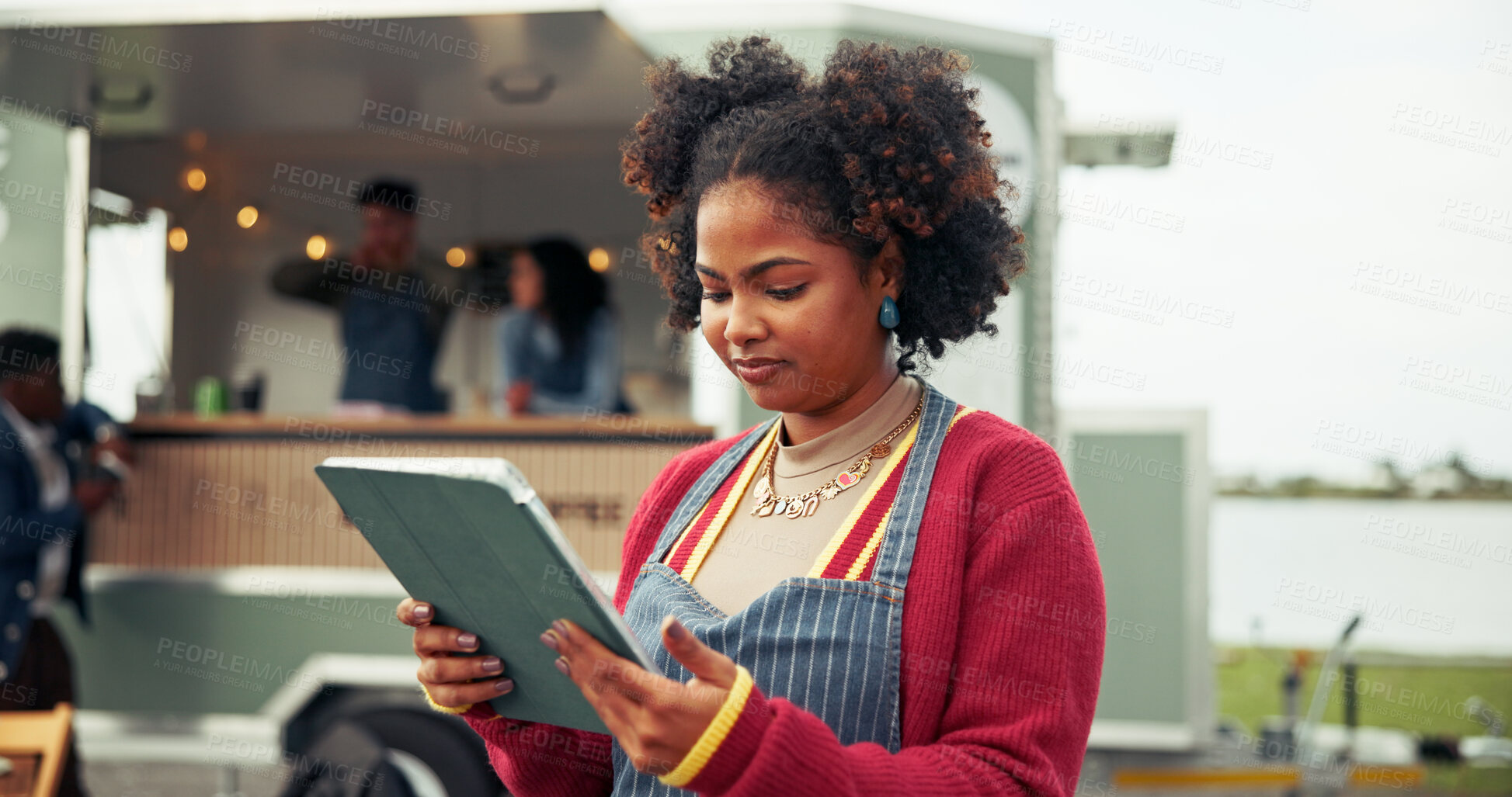 Buy stock photo Tablet, food truck and waitress outdoor for online menu, customer order and product inventory. Restaurant startup, mobile cafe and woman on digital tech for bistro website, internet and price list