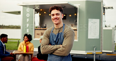 Buy stock photo Man, happy and waiter with arms crossed at food truck for friendly welcome, about us and startup. Mobile small business, cafe vendor and server with smile outdoor for hospitality and order assistance