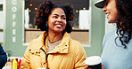 Talking, food truck and friends with coffee outdoor for bonding, conversation and relax on weekend. Happy, social gathering and people with drink by mobile cafe, restaurant and vendor for hangout