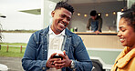 Laugh, food truck and friends with coffee outdoor for bonding, conversation and relax on weekend. Talking, social gathering and man with woman by mobile cafe, restaurant and vendor for hangout