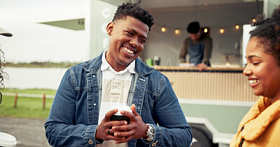 Buy stock photo Laugh, food truck and friends with coffee outdoor for bonding, conversation and relax on weekend. Talking, social gathering and man with woman by mobile cafe, restaurant and vendor for hangout
