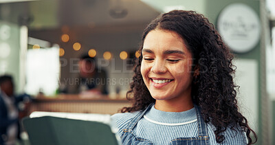 Buy stock photo Woman, owner and tablet at food truck outdoor for online order, inventory update and event planning. Smile, female person and digital for price list, menu checklist and vendor application for startup