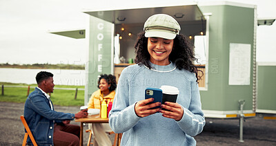 Buy stock photo Coffee, food truck and woman with phone in city on social media, internet and website on weekend. Customer review, happy and person on smartphone with drink by mobile cafe, restaurant and vendor